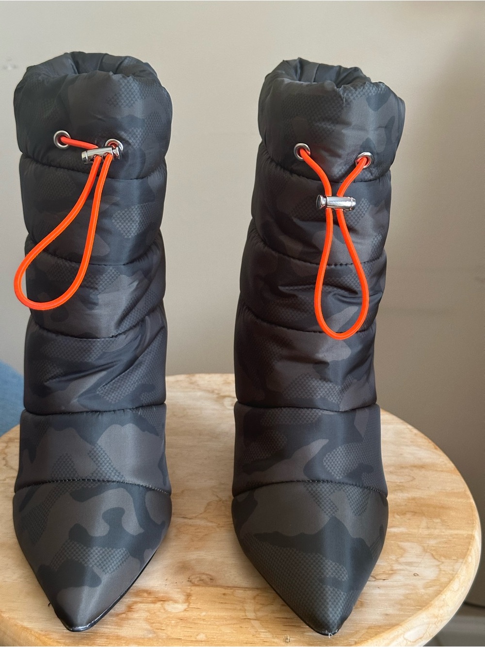 Steve Madden Black Camouflage Quilted Ankle Boots with Orange Drawcord